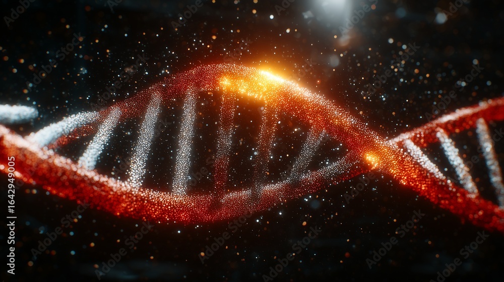 Poster high-resolution close-up of dna double helix with nano-scale drug particles attaching to it, glowing
