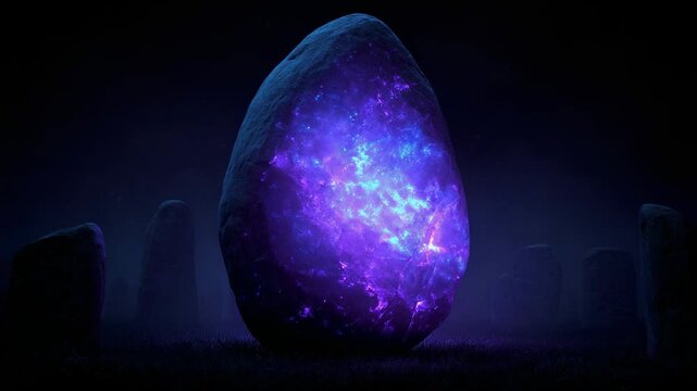 Mystical glowing egg surrounded by ancient stones at night in a surreal landscape