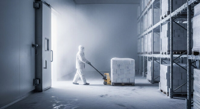 A worker in a protective clean suit transports goods on a pallet inside a large, futuristic cold storage warehouse