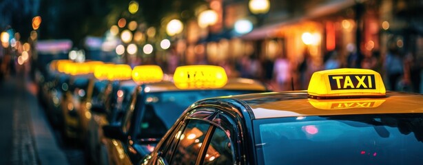 The vibrant scene of yellow taxis lining a bustling city street at night.
