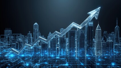 Business graph showing growth, Rising graph arrows in virtual hologram cityscape.
