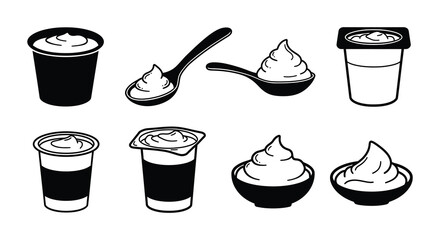 Black and white illustrations of yogurt in various containers and serving styles