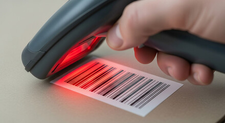 A person's hand using a handheld barcode scanner with a red laser to read a label for inventory management in a warehouse or retail store.