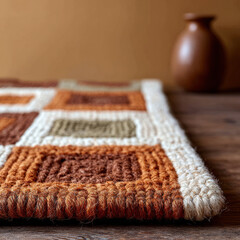 Fototapeta premium Close-up of a woven rug on wooden floor.