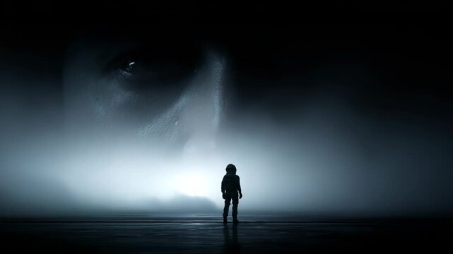 Exploration of the unknown with a lone astronaut in a cosmic landscape under a mysterious gaze