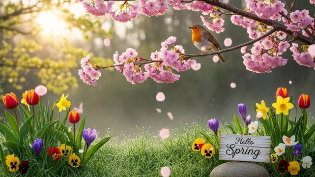 Robin bird on a cherry blossom branch with falling petals and a hello spring sign in a vibrant flower garden footage.