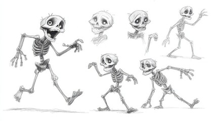 Various poses of a cartoon skeleton drawing.