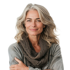 Naklejka premium A mature woman with long, wavy gray hair, wearing a gray sweater and brown scarf, smiles warmly. background removed