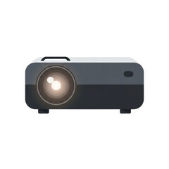 An isolated illustration of a dark gray projector with a bright lens, facing forward.
