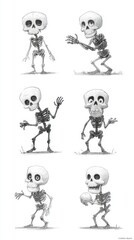 Character design sketches of a cartoon skeleton in various poses.