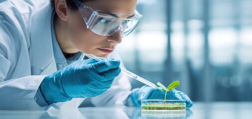 The scientist examining a young plant in a laboratory setting with precision.