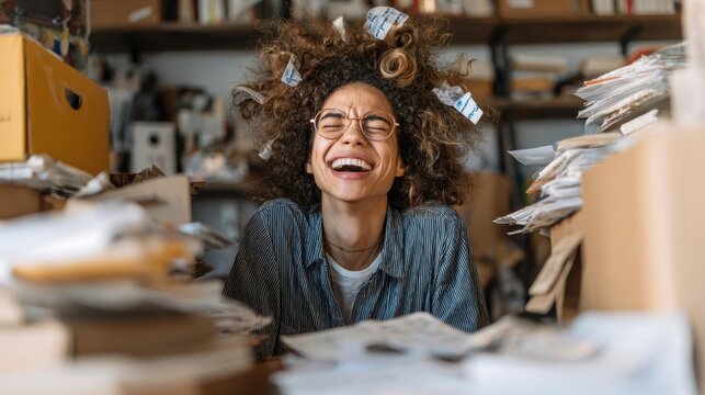 An overwhelmed small business owner surrounded by order forms and half-packed boxes