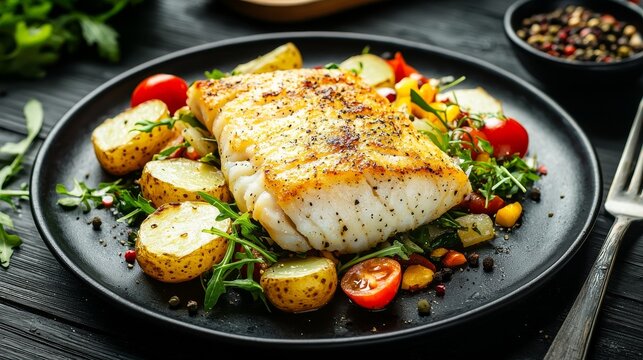 Fish dish - fried cod fillet with potatoes and vegetable salad on black wooden table