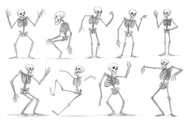 Skeleton character poses in various action stances.
