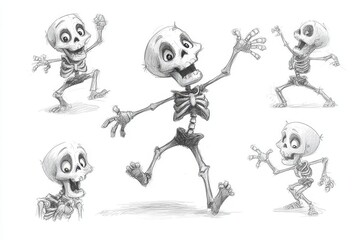 Various poses of a cartoon skeleton in pencil sketch.