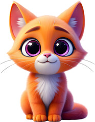 A charming and cute 3D cartoon illustration of a fluffy orange kitten with big, innocent eyes and a friendly expression.