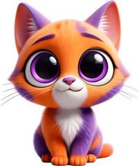 A charming and cute 3D cartoon illustration of a fluffy orange kitten with big, innocent eyes and a friendly expression.