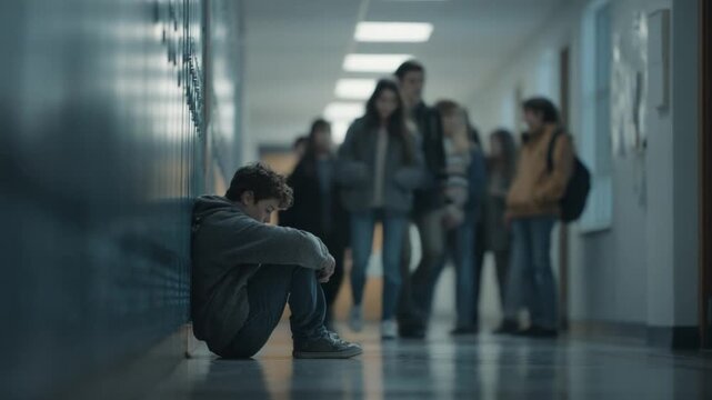 Silent Despair in the Hallway: A somber young person, burdened by loneliness and distress, sits alone in a dimly lit corridor as the shadow of a group looms nearby.