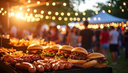 Array of Delicious Burgers, Hot Dogs, and Fries at a Festive Street Food Celebration