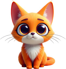 A charming and cute 3D cartoon illustration of a fluffy orange kitten with big, innocent eyes and a friendly expression.