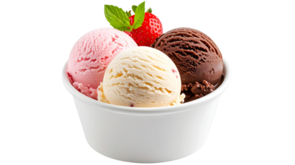 Assorted ice cream scoops in white dessert cup isolated on transparent background