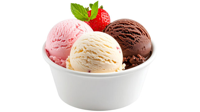 Assorted ice cream scoops in white dessert cup isolated on transparent background