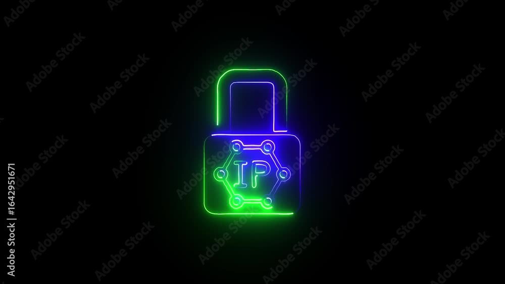 Poster neon glowing lock with blockchain and nft symbol futuristic digital security and non-fungible token 