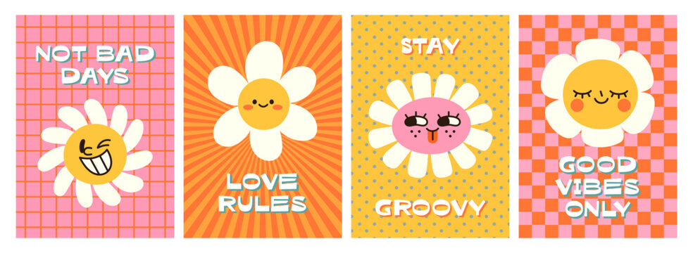 Groovy daisy, funny retro-style cards set. Happy flowers, modern vintage poster designs with funky patterns, floral faces, hippie optimistic slogans. Fun and joyful postcard. Flat vector illustration