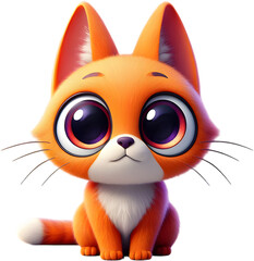 A charming and cute 3D cartoon illustration of a fluffy orange kitten with big, innocent eyes and a friendly expression.