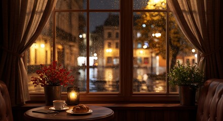 Cozy Evening Scene Window View with City Lights, Candlelight, and Warm Ambiance 