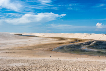 Dunes and lagoons of lagoa bonita, Lencois Maranhenses, Barreirinhas, Brazil. White sand dunes with...