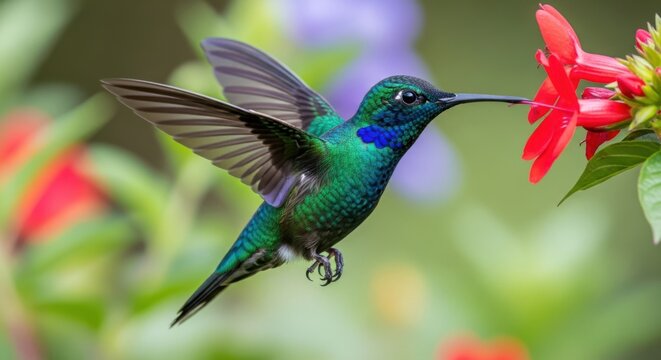 Beautiful hummingbird feeding on a bright red flower - Powered by Adobe
