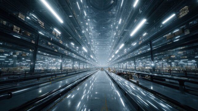 Futuristic warehouse automated transport system, glowing lights, packages
