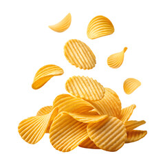 Naklejka premium Crispy potato chips falling and piled isolated on transparent background