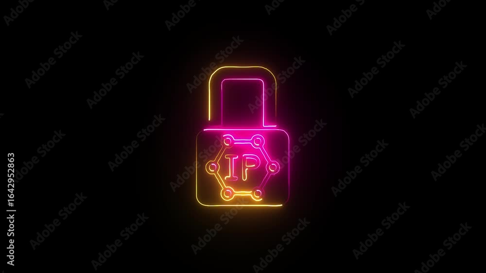 Poster neon glowing lock with blockchain and nft symbol futuristic digital security and non-fungible token 