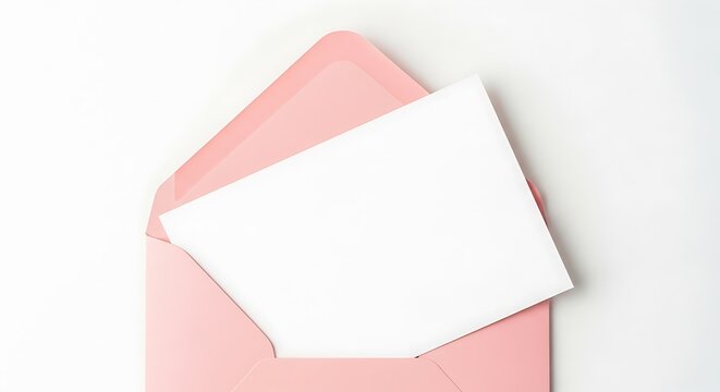 Open pink envelope with a blank white card inside, isolated on white background