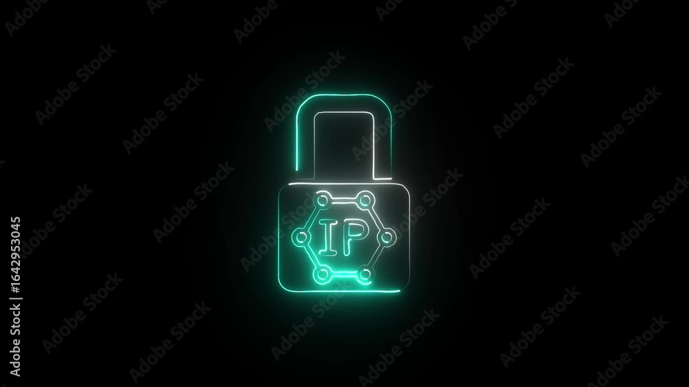 Poster neon glowing lock with blockchain and nft symbol futuristic digital security and non-fungible token 
