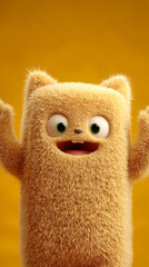 A cheerful and fluffy 3D monster character with a happy expression on a yellow background.