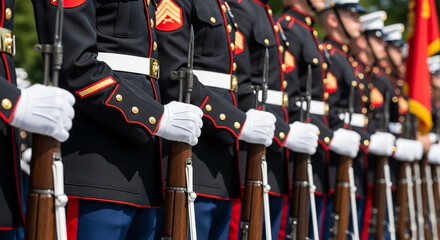 A precision line of United States Marines in their dress blue uniforms holding rifles stands at attention a powerful display of military discipline and honor