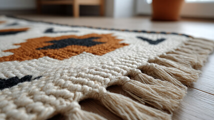 Fototapeta premium Close-up of a patterned woven rug with fringe on a wooden floor.