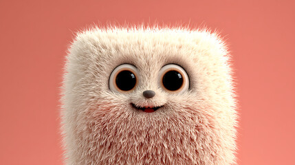 Portrait of a smiling cute fluffy monster character on a pink background.