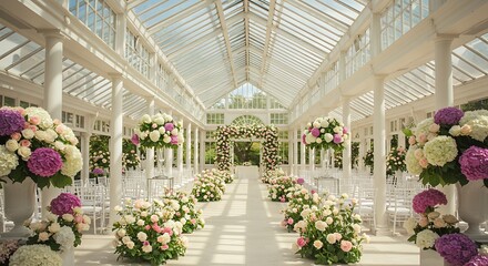  White conservatory wedding space filled with roses and hydrangeas