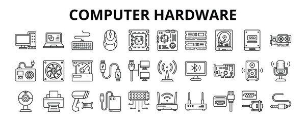 30 Computer Hardware Line Icons Vector - Desktop monitor, Keyboard, Mouse, RAM, USB, Printer, Wi Fi, Speaker