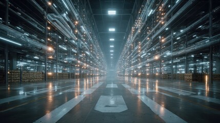 Futuristic warehouse interior, aisle, storage, glowing lights, night, industrial design, for manufacturing or logistics
