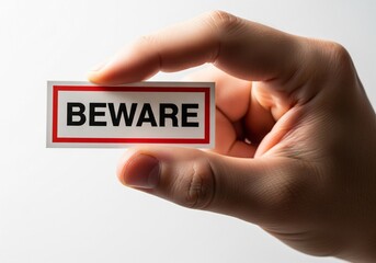 Hand Holding Beware Sticker Isolated on White Background