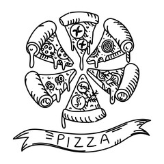 Round pizza made of different triangular pieces, with a ribbon saying PIZZA. Various flavors and ingredients. Grunge, engraving, monochrome, black doodle outline on white. For marketing in a pizzeria