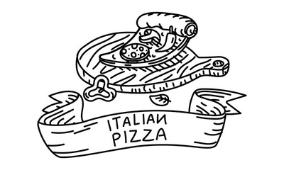triangular slice of pizza lying on its side on board, with ribbon saying Italian Pizza. Sausage, mushroom, pepper. Grunge, engraving, monochrome, outline doodle on white. marketing in pizza restaurant