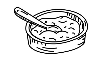 Doodle dough mixed with a spoon in a mold. Grunge, shading, marker, ink. Ingredients for making flour dishes. Baking, pasta, pancakes, pizza, and more. Monochrome drawing with black lines on a white