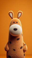 Adorable plush toy character, a fuzzy spotted creature on an orange background
