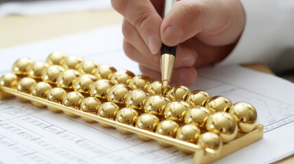 Hands Using Golden Abacus & Pen to Analyze Financial Charts